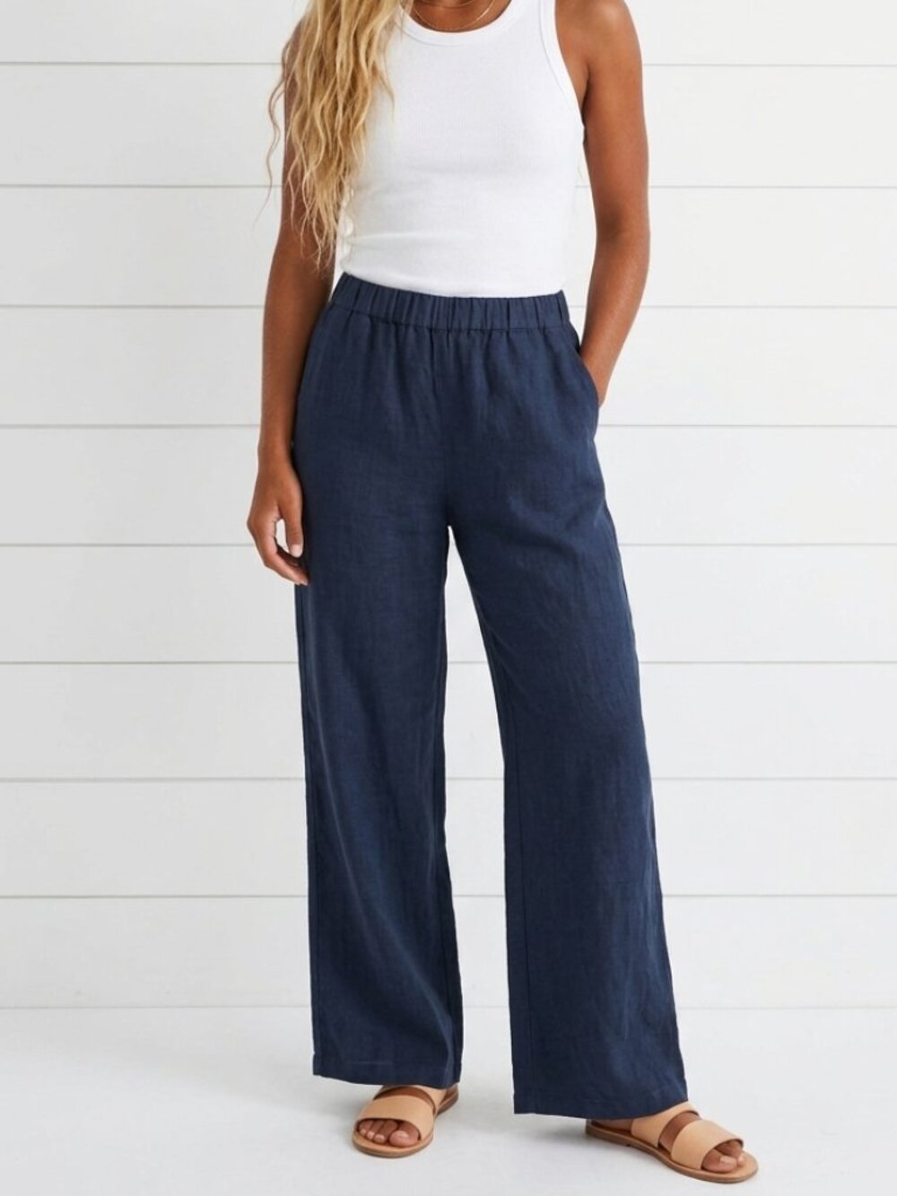 120% Lino Blue Linen Elastic Waist Pull On Pants 8120